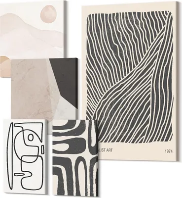 Produktbild von Leinwandbild Set 5-teilig – Modernes Wandbild – Polycanvas Kunstdruck – Abstrakte Bilder – Hochwertige Wandkunst – 2x 30x30 cm + 2x 20x30 cm + 1x 40x60 cm – Minimalistische Muster in Erdtönen und abstrakten Formen