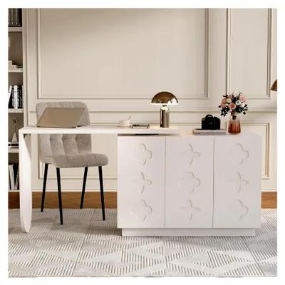 Produktbild von Drehbarer L-förmiger Schreibtisch, Bürotisch, Frisiertisch, Ausziehbarer Tisch, weiß, 110x38.5x75cm