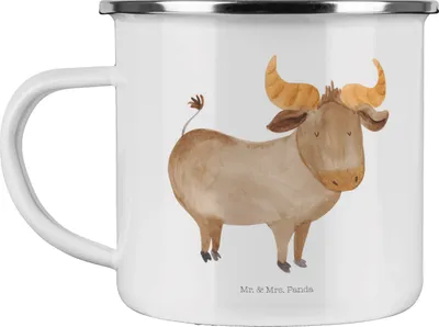 Produktbild von Mr. & Mrs. Panda Teetasse Sternzeichen Stier - Weiß - Geschenk, Emaille Tasse, Becher, Pott, Geburtstag Mai, April, Rind, Ochse