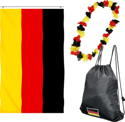 Produktbild von Sport Fanpaket Fanartikel Fußball WM EM Team Deutschland mit Turnbeutel, Hawaii Blumenkette (Lei) und Fahne