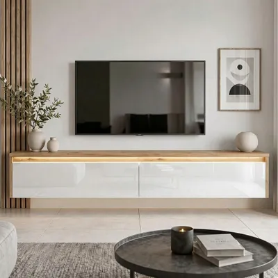 Produktbild von Modernes TV-Lowboard LUMI 170 cm Artisan Eiche / Weiß Hochglanz | Hängender Fernsehschrank mit LED-Beleuchtung & Push-to-Open