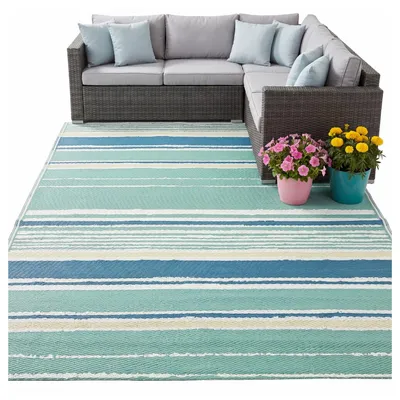 Produktbild von Outdoor Teppich 160x220 cm - Schnell Trocknend - Wetterfest - Zum Garten Balkon Terrasse - Streifenmuster Blau