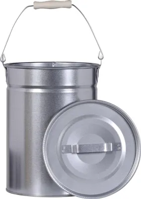 A silver metal bucket with a wooden handle and a lid next to it, on a white background.