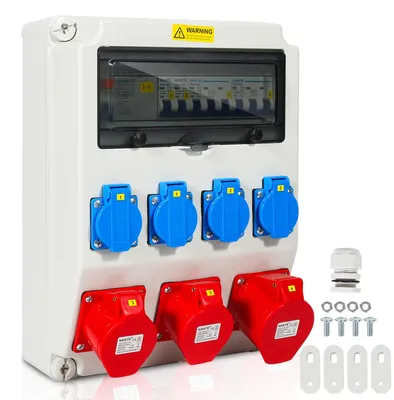 Productafbeelding van Wandverdeler met stroomonderbreker en FI 5-polig met 4 Schuko stopcontacten en CEE-stopcontact 16/32A