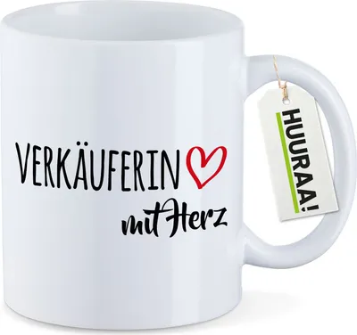 Produktbild von Huuraa Kaffeetasse Verkäuferin mit Herz 330ml Weiß Keramik Kaffeebecher Geschenkidee
