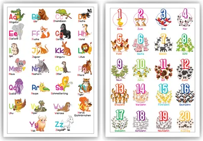 Produktbild von Kinderposter 2er Set Tier ABC, Zahlen Lernposter Kinderzimmer Wandbilder Kindergarten Grundschule Alphabet Lernhilfe für Kinder – DIN A4 (21x29.7cm)