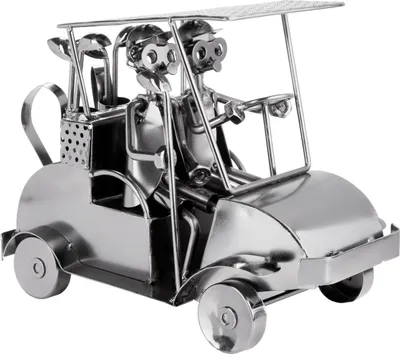 A metal figurine of a golf cart with two figures driving it, on a white background.