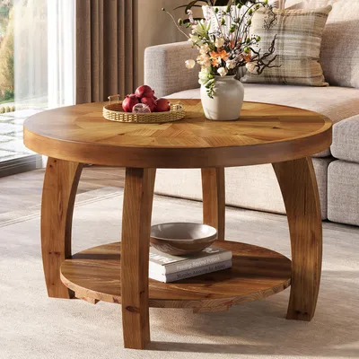 Produktbild von Runder Couchtisch aus Massivholz, 2-stöckiger Beistelltisch mit Ablagefläche, 80 cm große Holzplatte mit Mosaikmuster, für das Wohnzimmer