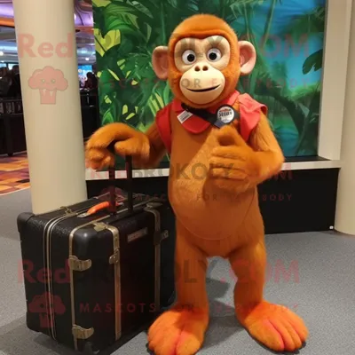 Productafbeelding van Orange Capuchin Monkey mascotte REDBROKOLY kostuum karakter gekleed met een avondjurk en aktetassen