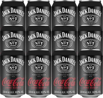 Immagine prodotto di Jack Daniels perfettamente miscelato con Coca Cola Zero Sugar 330ml confezione da 12 pezzi