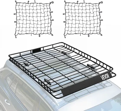 A car roof rack and cargo nets are displayed against a white background.