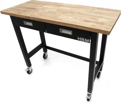 Immagine prodotto di Banco da lavoro HBM, 122 cm, mobile, con 2 cassetti, piano di lavoro in legno massello, nero