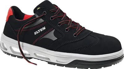 A single black safety shoe with red accents and laces, shown from the side against a white background.