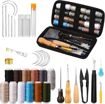 Imagen del producto de Kit de reparación de tapicería de cuero para zapatos, sofás, tiendas de campaña, alfombras, trabajos en cuero, kit de costura para viajes que incluye: hilo, agujas y un descosedor