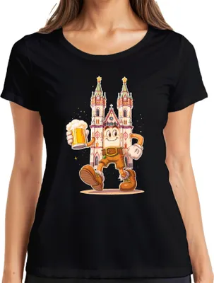Produktbild von Köln Kölner Dom Bier Lederhosen Cartoon Kölsch Karneval Fasching Damen T-Shirt, Schwarz, L