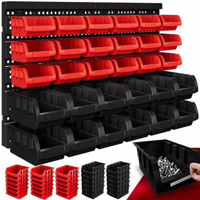 Produktbild von Monzana® Stapelboxen 32 tlg. Erweiterbar Etikettenfach Stabil Stoßfest Starke Wandplatten Wandregal Werkstattregal Werkzeuglochwand Kleinteilemagazin