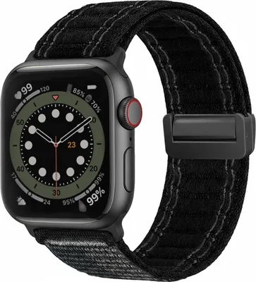 Produktbild von Smartwatch Armband für Apple Watch SE 3 44mm Nylon Textil Band Ersatzband Wechselband Magnetverschluss flexibel atmungsaktiv Schwarz
