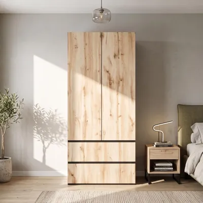 Obrázok produktu pre Skriňa s zásuvkami, šatník s vešiakmi a hornou policou, vysoká komoda s dvierkami, rozmer 90x50x200 cm, farba: prírodná + čierna, materiál: MDF + drevotrieska, Obrázok generovaný UI