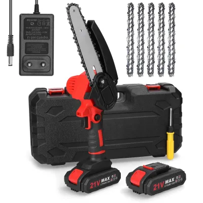 Obrázok produktu pre Mini reťazová píla, 6" 21V elektrická reťazová píla s 2x batériou 5x reťaz 1x vodiaca doska a 1x úložný box, prenosná ručná akumulátorová reťazová píla