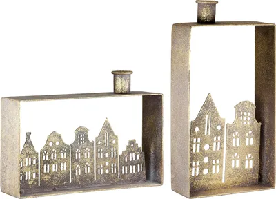 Produktbild von Gilde Kerzenleuchter, rechteckig, "Häuserreihe", Hausmotiv, Metall, goldfarben, L. 5 cm, B. 21 cm, H. 24 cm 69849 4063387698495 2 Stück (2-fach sortiert)
