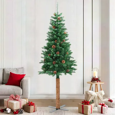 Obrázok produktu pre vidaXL Vianočný stromček tenký s pravým drevom a šiškami zelený 210 cm PVC
