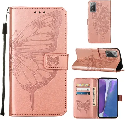 Produktbild von Galaxy Note 20 4G Hülle, Schmetterling Prägung Flip Leder Kartenfächer Schutzhülle Ledertasche mit Ständer für Samsung Galaxy Note 20 4G / 5G Roségold