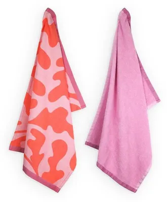 Productafbeelding van Unyqoos® Set van 2 theedoeken – 1 jacquard theedoek + 1 zachte katoenen handdoek, 50x70 cm, 100% katoen, bladmotief, roze