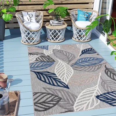 Produktbild von Carpeto Rugs Blattmuster In- & Outdoor Teppich Wetterfest für Balkon, Terasse - Balkon Teppich Wasserfest - Outdoorteppich Wetterfest - Aussenteppich Terrasse Groß - Grau Blau 4 - 80 x 150 cm