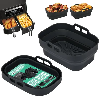 Obrázok produktu pre Air Fryer Silikónová Forma 2 Kusy, Opakovane Použiteľné Košíky, Obdĺžnikové, Čierne, pre Horkovzdušnú Fritézu