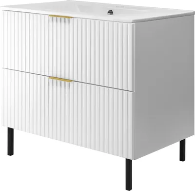 Image de Meuble sous vasque, blanc mat, 80 x 77 x 46 cm, blanc avec poignée dorée