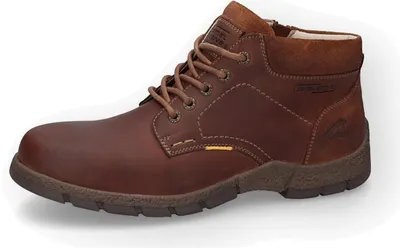 A single brown leather boot is shown against a white background.