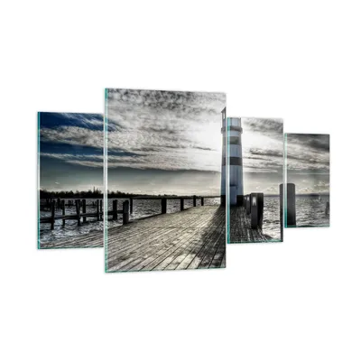 Produktbild von Bilder auf glas - See Leuchtturm Holzbrücke Wasser - 160x90cm - Glasbilder - Wandbilder - Kunstdruck - zum Aufhängen bereit - Wanddekoration aus Glas - Glas Bilder - Wandbild auf Glas - GDL160x90-0330