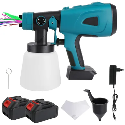 Zdjęcie produktu dla Elektryczny pistolet do natrysku farby - pojemność 1000 ml - napięcie 21 V - 2 akumulatory - regulowane tryby pracy - do mebli, ogrodzeń, drzwi i szaf