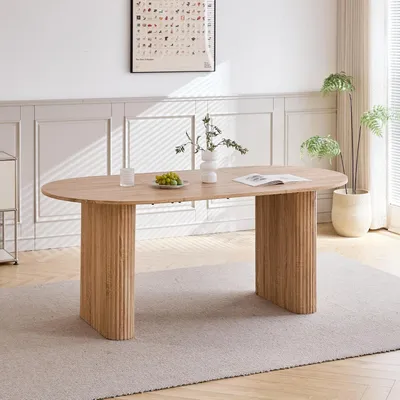 Zdjęcie produktu dla Owalny stół jadalny, 180 cm, wykonany z MDF, w jasnobrązowym kolorze, przeznaczony dla 6-8 osób