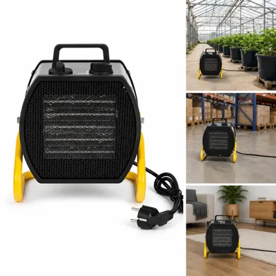 Immagine prodotto di Ikodm, riscaldatore elettrico da 3000 W, 3 livelli di potenza, termostato fino a 85 °C, adatto per ambienti fino a circa 30 m², colore nero e giallo, Immagine generata dall'IA