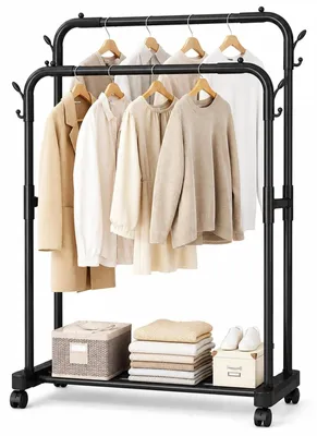 Imagen del producto de Elzusha - Percha independiente para ropa con ruedas, doble barra y estante, color