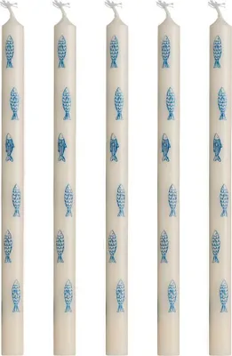Produktbild von IB Laursen DÜNNE Kerze Weiß mit Blauen FISCHEN Ø 1,3 cm Länge 20 cm 5er Set