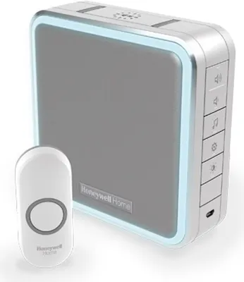 Zdjęcie produktu dla Bezprzewodowy dzwonek do drzwi Honeywell DC915N z serii 9, 200 m, 8 dźwięków dzwonka, przenośna podstawa, 2x przycisk, biały