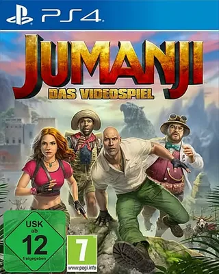 The cover art for the Jumanji video game for PS4, featuring the main characters in an adventurous jungle setting.