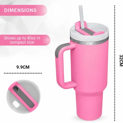 Produktbild von Vakuumisolierter Becher aus Edelstahl mit Griff und Deckel, Reiseflasche, Kaffeebecher für heiße und kalte Getränke mit Strohhalm Pink, KI-generiertes Bild