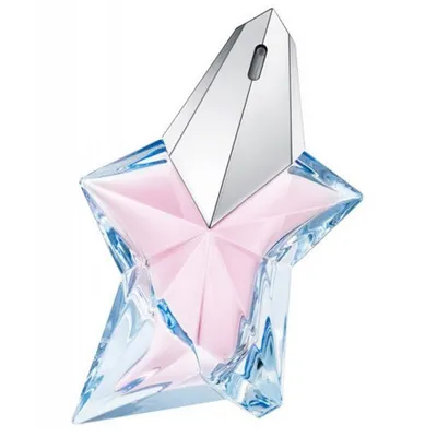 A star-shaped perfume bottle with pink liquid inside and a silver cap.