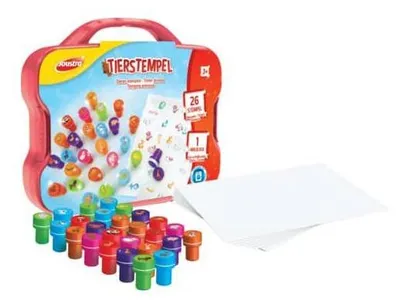 Produktbild von Kinderstempel-Set, Tiermotive, 26 selbstfärbende Stempel, Malblock A5, Kunststoffkoffer, ab 3 Jahren