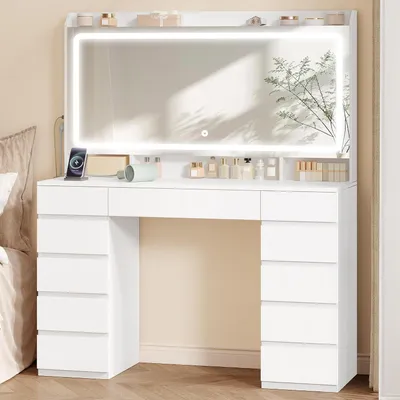 Obrázek produktu pro Toaletní stolek se zrcadlem – Ideální pro líčení – Úložný prostor na šperky – Nastavitelné LED osvětlení – Šířka 108 cm – Bílá barva