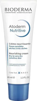 A white tube of Bioderma Atoderm Nutritive cream with blue accents and text.