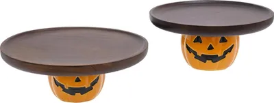 Image de Plateaux de service en forme de citrouille pour Halloween - Lot de 2 assiettes à dessert - Bois d'acacia - En forme de citrouille - Pour cupcakes, biscuits, snacks - Marron foncé