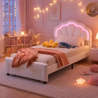 Produktbild von INONEFT Polsterbett Kinderbett 90x200cm, Mädchen Stauraumbett mit Schubladen, Einzelbett mit Lattenrost, Blütenblatt Kopfteil mit LED, Samt Weiß, KI-generiertes Bild