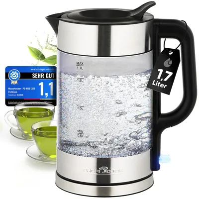 Produktbild von ProfiCook® Wasserkocher Glas | 1,7L | 2200W | BPA frei | Einhandbedienung | 360° Sockel mit Kabelaufwicklung | Edelstahl | PC WK 1322 inox