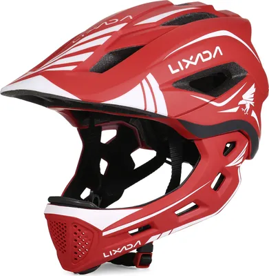 Produktbild von Kinder Full-Face-Helm, Abnehmbar, Fahrradhelm & Schutzausrüstung für Radfahren, Skateboarden, Rollschuhlaufen & Rollerfahren – Rot & Weiß