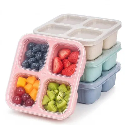 Snackbox mit 4 Fächern, quadratisch, Bento-Box mit Deckel