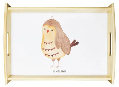 Produktbild von Mr. & Mrs. Panda serviertablett aus holz Eule Zufrieden - Weiß - Geschenk, Holztablett, Eulen Deko, Romantisch, tablett, Servier, Owl, Hochzeitstag, Bett-Tablett